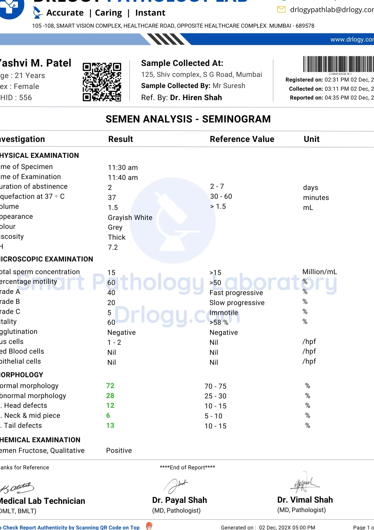 Calculadora de análisis de espermatozoides Formato del informe de análisis de semen: PDF, plantilla de muestra y ejemplo - Drlogy