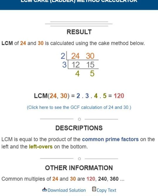 CALCULADORA DEL MÉTODO DE TORTA (ESCALERA) LCM |