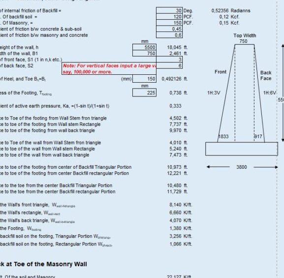 Hoja de cálculo de diseño y cálculo de mampostería de muros de contención