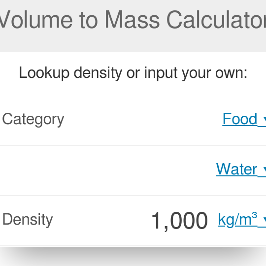 Calculadora de volumen a masa |